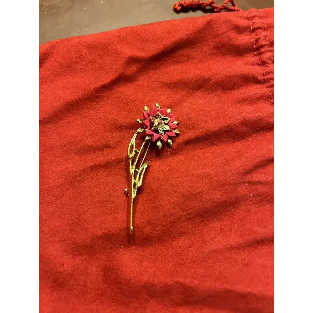 Vintage Antique Gold Tone‎ Pin Brooch Single Flower Stem Leaf Pink Enamel Petals